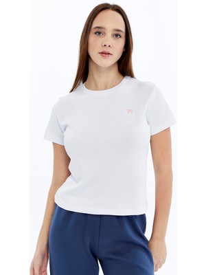 Trender Kurdele Baskı Kadın T-Shirt 6719 Beyaz