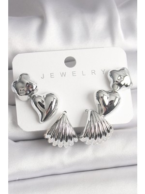 Aesco Mey Ithalat® Gümüş Renk Yonca Kalp Deniz Kabuğu Figür Ccb Kadın Küpe Seti