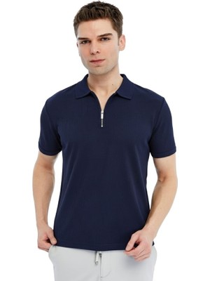Trender Fermuarlı Polo Yaka Erkek T-Shirt 2738 Indigo