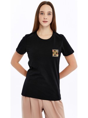 Trender Desen Kadın T-Shirt Etnik Siyah