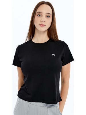 Trender Kurdele Baskı Kadın T-Shirt 6719 Siyah