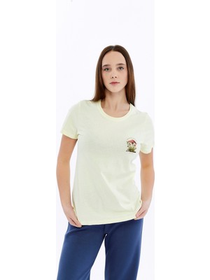 Trender Baskı Kadın T-Shirt Mantar Açık Sarı
