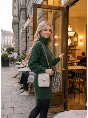 Luxic Core El Emeği Krem Örgü Kadın Çanta Gümüş Zincir Askılı Kilitli Astarlı Çapraz Omuz Çantası