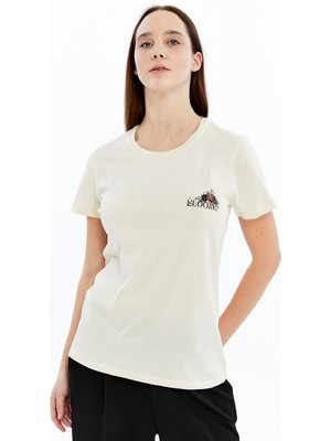 Trender Baskı Kadın T-Shirt Bloom Bej