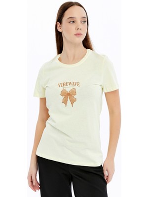 Trender Baskı Kadın T-Shirt Kurdele Açık Sarı
