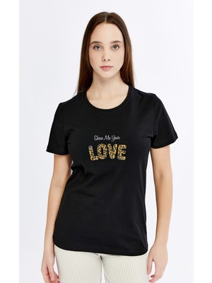 Trender Baskı Kadın T-Shirt Love Siyah