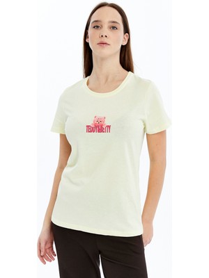 Trender Baskı Kadın T-Shirt Ayıcık Açık Sarı