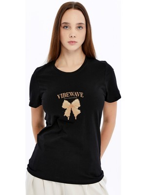 Trender Baskı Kadın T-Shirt Kurdele Siyah