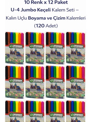 NW NessiWorld U-4 Jumbo Keçeli Kalem 10 Renk x 12 Paket – Kalın Uçlu Boyama ve Çizim Kalemi Seti (120 Adet)