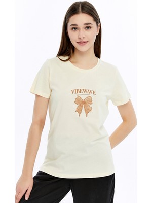 Trender Baskı Kadın T-Shirt Kurdele Bej
