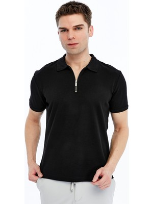 Trender Fermuarlı Polo Yaka Erkek T-Shirt 2738 Siyah