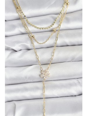 Aesco Mey Ithalat® Pirinç Gold Renk Zirkon Taşlı Çiçek Model Detaylı 3'lü Kombin Y Kadın Kolye