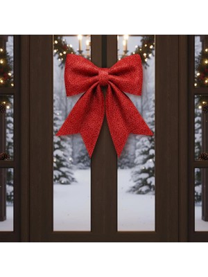 Aesco Büyük ve Kaliteli Kırmızı Simli Eva Fiyonk Dekor Yılbaşı Çam Ağacı Kapı Süsü 60 x 65CM