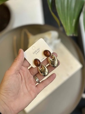 Aesco Taşlı Küpe - Kahverengi