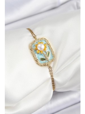 Aesco Mey Ithalat® 316L Çelik Zincir Turkuaz Mineli Sanatsal Portre Inci Detaylı Papatya Model Gold Renk Kadın Bileklik