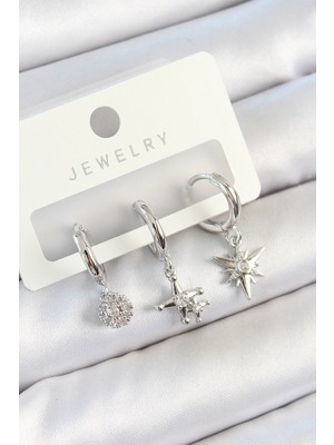 Aesco Mey Ithalat® Pirinç Zirkon Taşlı Kutup Yıldızı Model Gümüş Renk 3'lü Çift Kadın Küpe Set