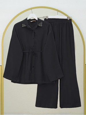 Modamorfo Yakası Taşlı Belden Bağlamalı Pantolonlu Takım -Siyah