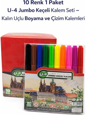 Urfakent U-4 Jumbo Keçeli Kalem Seti 10 Renk – Kalın Uçlu Boyama ve Çizim Kalemi Seti (1 Paket)