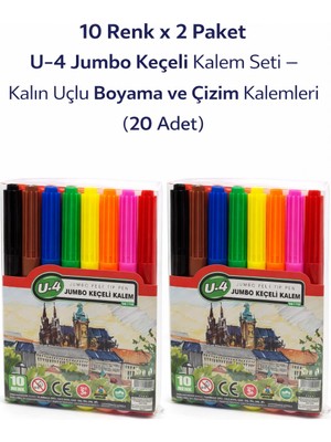 Urfakent U-4 Jumbo Keçeli Kalem 10 Renk x 2 Paket – Kalın Uçlu Boyama ve Çizim Kalemi Seti (20 Adet)