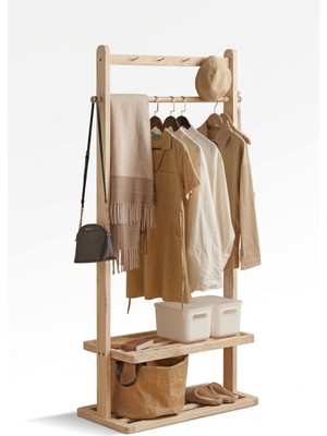 Evdekka Masif Ahşap Dar Alan Portmantosu - 150X50 cm Dikey Askılık ve Ayakkabı Rafı