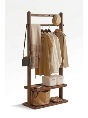 Evdekka Masif Ahşap Dar Alan Portmantosu - 150X50 cm Dikey Askılık ve Ayakkabı Rafı