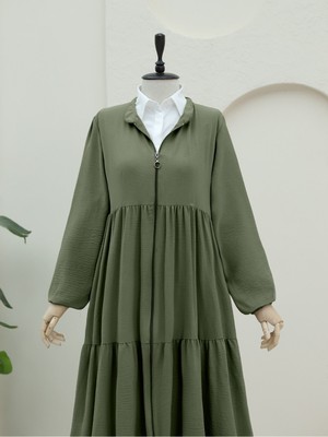 Modamorfo Boydan Fermuarlı Kolu Lastikli Parçalı Ayrobin Ferace -Haki