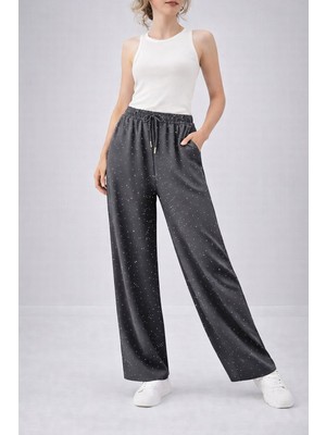 Sea Queen Kadın Siyah Taşlı Modal Kumaş Bol Paça Beli Bağcıklı Yüksek Bel Pantolon