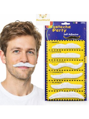 NessiWorld 6’lı Yapışkanlı Beyaz Parti Bıyık Seti – Farklı Modeller