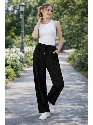Sea Queen Kadın Siyah Taşlı Modal Kumaş Bol Paça Beli Bağcıklı Yüksek Bel Pantolon
