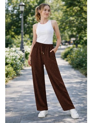 Sea Queen Kadın Siyah Taşlı Modal Kumaş Bol Paça Beli Bağcıklı Yüksek Bel Pantolon