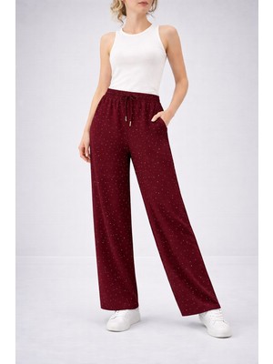 Sea Queen Kadın Siyah Taşlı Modal Kumaş Bol Paça Beli Bağcıklı Yüksek Bel Pantolon