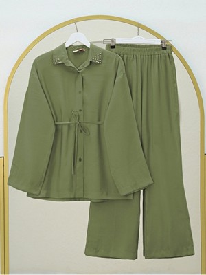 Modamorfo Yakası Taşlı Belden Bağlamalı Pantolonlu Takım -Haki