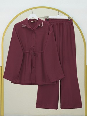 Moda Morfo Yakası Taşlı Belden Bağlamalı Pantolonlu Takım -Bordo