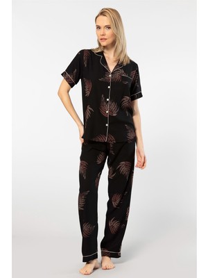 Türen Kadin Desenli Kisa Kol Dokuma Pijama Takimi 3604/SIYAH