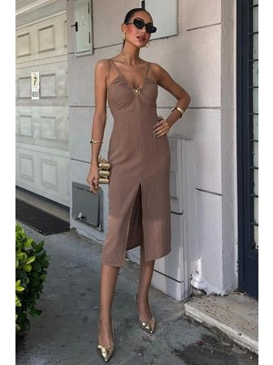 Infivento Göğsü Aksesuarlı Önü Yırtmaçlı Elbise 2899