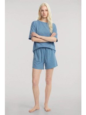 Modaserdem Akbeniz Kısa Kollu Şortlu Pijama Takımı Mavi