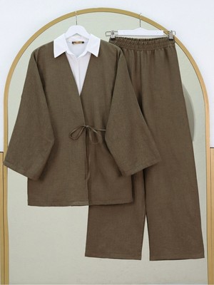 Modamorfo Önden Bağlamalı Pantolonlu Kimono Takım    -Kahve