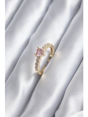 Toptan Bulurum Gold Renk Zirkon Taşlı Pembe Kristal Kalp Model Kadın Yüzük