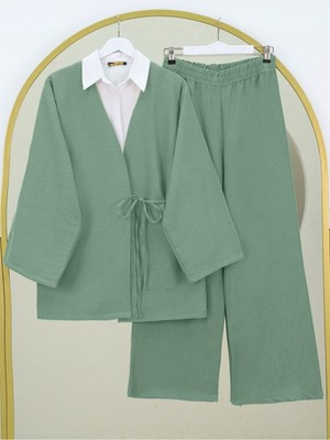 Modamorfo Önden Bağlamalı Pantolonlu Kimono Takım    -Mint
