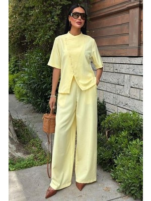 Infivento Hakim Yaka Çapraz Düğmeli Plazzo Pantolon Viscon Keten Takım 10209