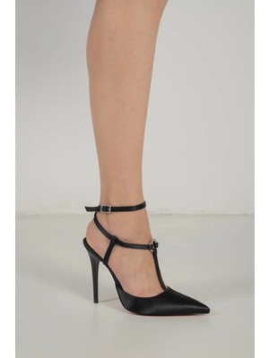 Ayakkabı Prensi Yael Bilekten Bantlı Siyah Saten Siyah 10 cm     Stiletto, Topuklu Ayakkabı Kadın