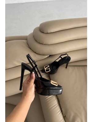 Ayakkabı Prensi Lena V Detaylı Siyah Rugan Klasik Topuklu Ayakkabı Kadın