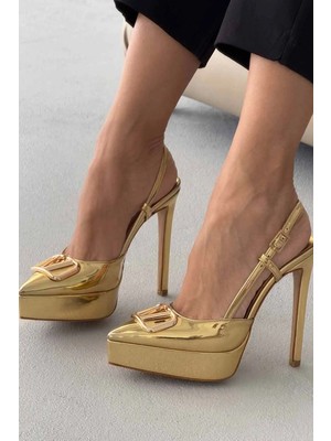 Ayakkabı Prensi Lena V Detaylı Gold Klasik Topuklu Ayakkabı Kadın