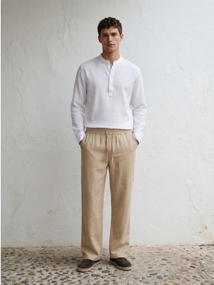 LTB Beli Lastikli Düz Paça Bürümcük Bej Pantolon