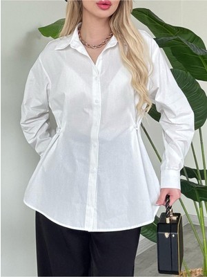 Modamorfo Yanları Düğme Detaylı Poplin Gömlek -Beyaz