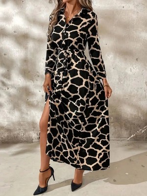 MiraLive Miray- Kadın Uzun Kollu Yakalı Önü Düğmeli Desenli Belden Kuşaklı Uzun Süprem Elbise