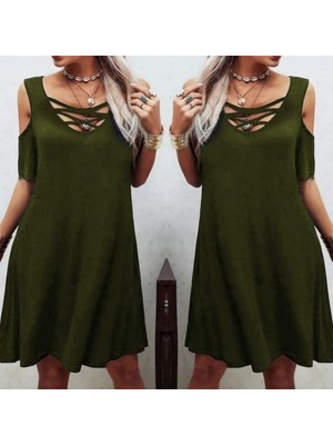 Gacha Dekolteli Bağcık Detay Viskon Kumaş Elbise