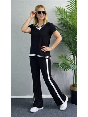 Balmior Kadın Kısa Kollu V Yakalı Viskon Iki Iplik Bluz ve Pantolon Ikili Takım