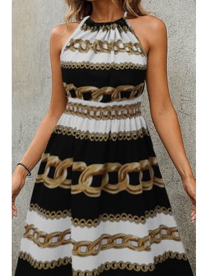 Infivento Kadın Kolsuz Boyundan Bağlamalı Beli Lastikli Dijital Baskı Süprem Uzun Elbise