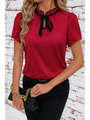 MiraLive Miray- Kadın Kısa Kollu Yakası Fırfırlı Bağcıklı Janjan Krep Bluz